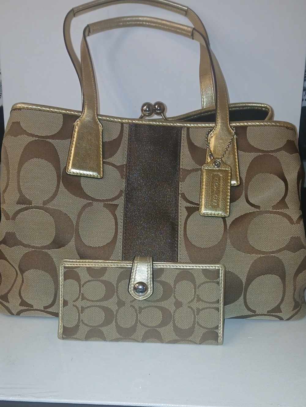Coach Brown and Gold Signature Canvas Tote with Matching Wallet